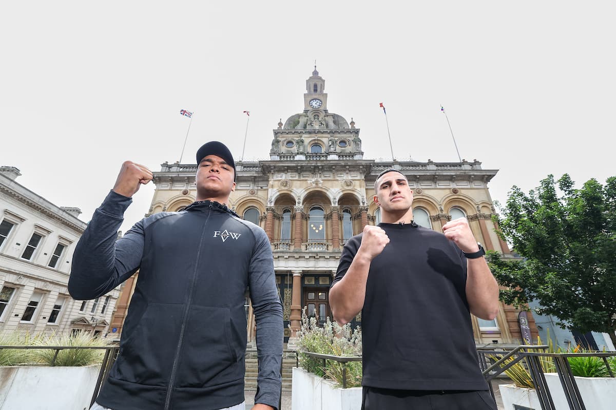 Fabio Wardley and Justis Huni pose outside Ipswich Town Hall