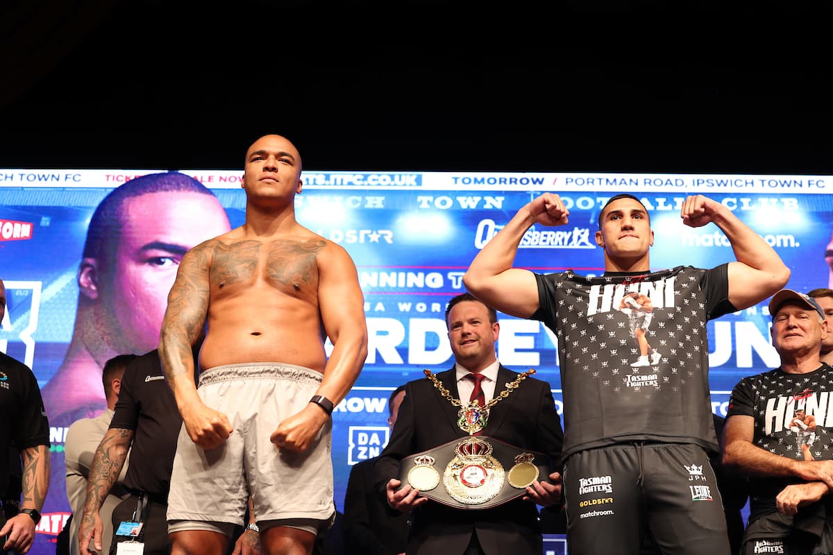 Fabio Wardley and Justis Huni at the weigh-in ahead of their bout in Ipswich, England