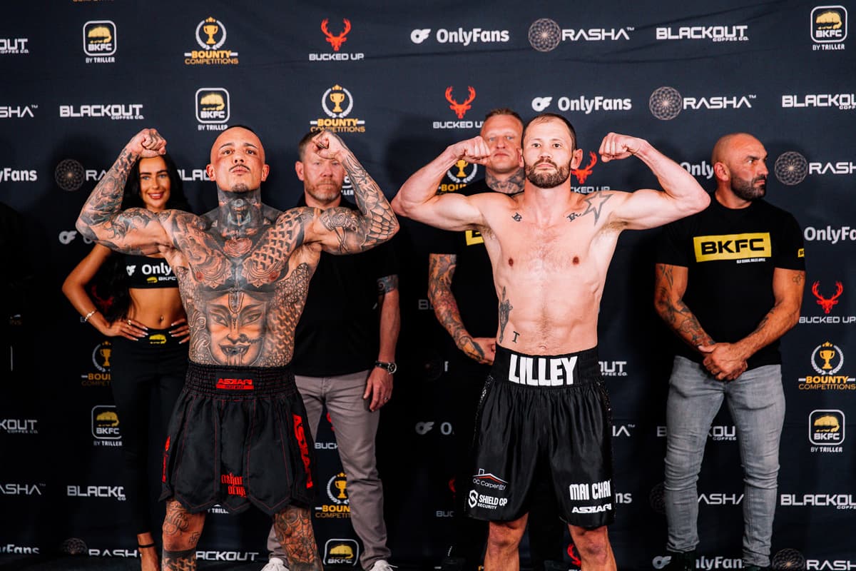 Fran Suarez and James Lilley during the weigh-in ahead of their bout BKFC 77 Birmingham
