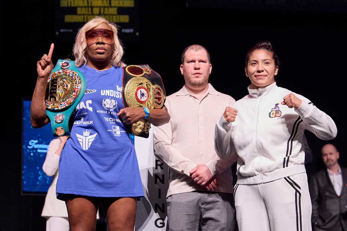 Franchon Crews-Dezurn and Citlalli Ortiz at the weigh-in ahead of their bout in Verona, New York