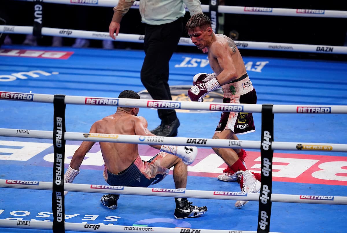Francisco Rodriguez Jr knocks down Galal Yafai during their boxing bout in Birmingham, England