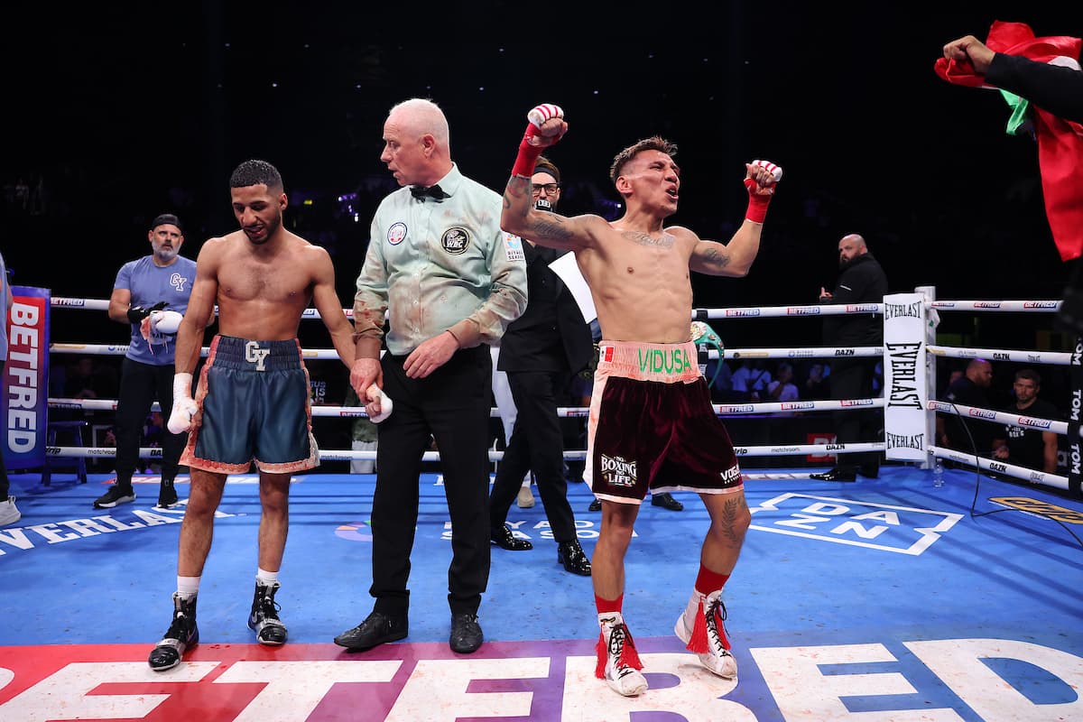 Francisco Rodriguez Jr takes victory over Galal Yafai during their boxing bout in Birmingham, England