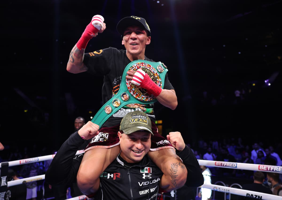 Francisco Rodriguez Jr celebrates victory over Galal Yafai during their boxing bout in Birmingham, England