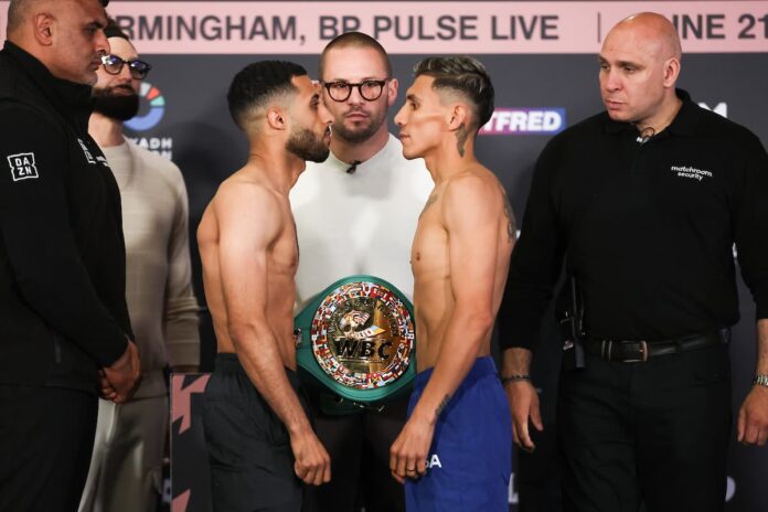 Galal Yafai and Francisco Rodriguez Jr come face-to-face at the weigh-in, ahead of their boxing bout in Birmingham, England