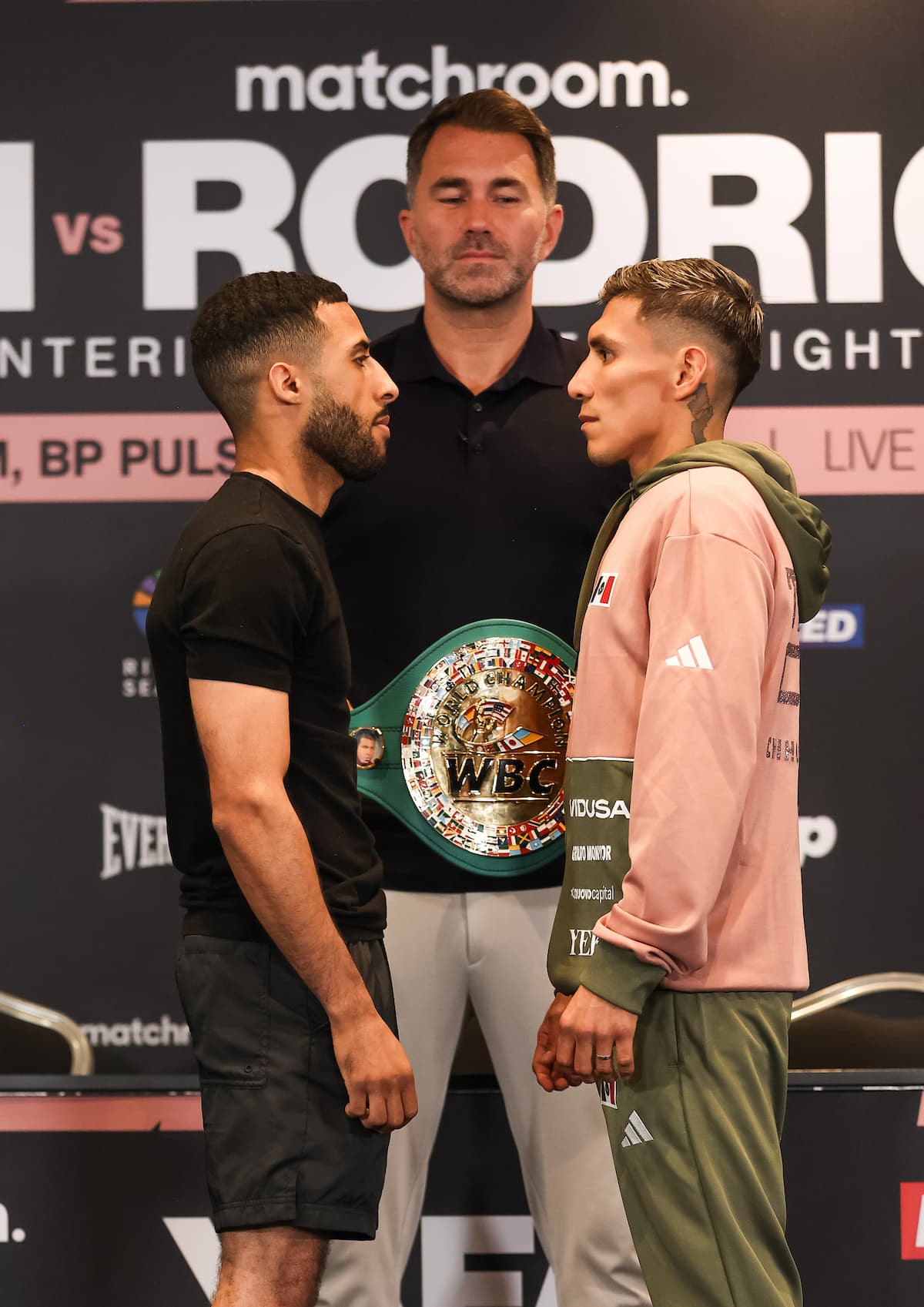 Galal Yafai and Francisco Rodriguez Jr come face-to-face at the press conference ahead of their boxing bout in Birmingham, England