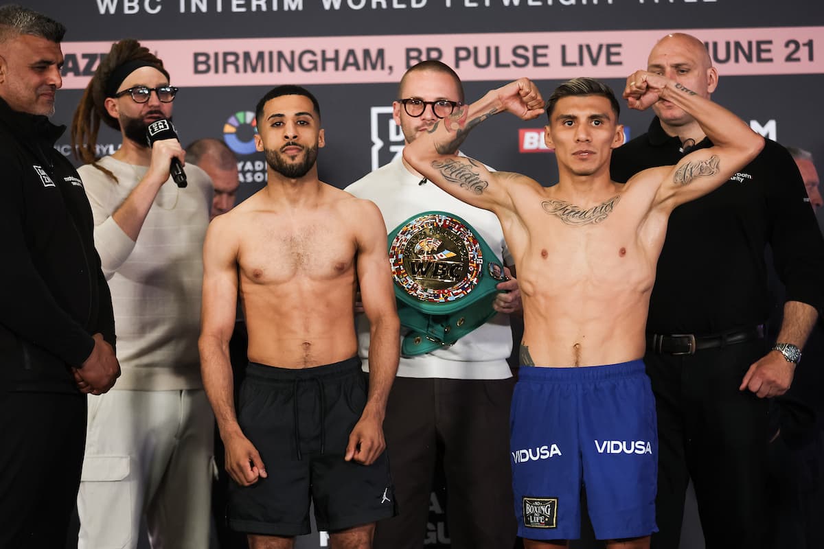 Galal Yafai and Francisco Rodriguez Jr at the weigh-in ahead of their boxing bout in Birmingham, England
