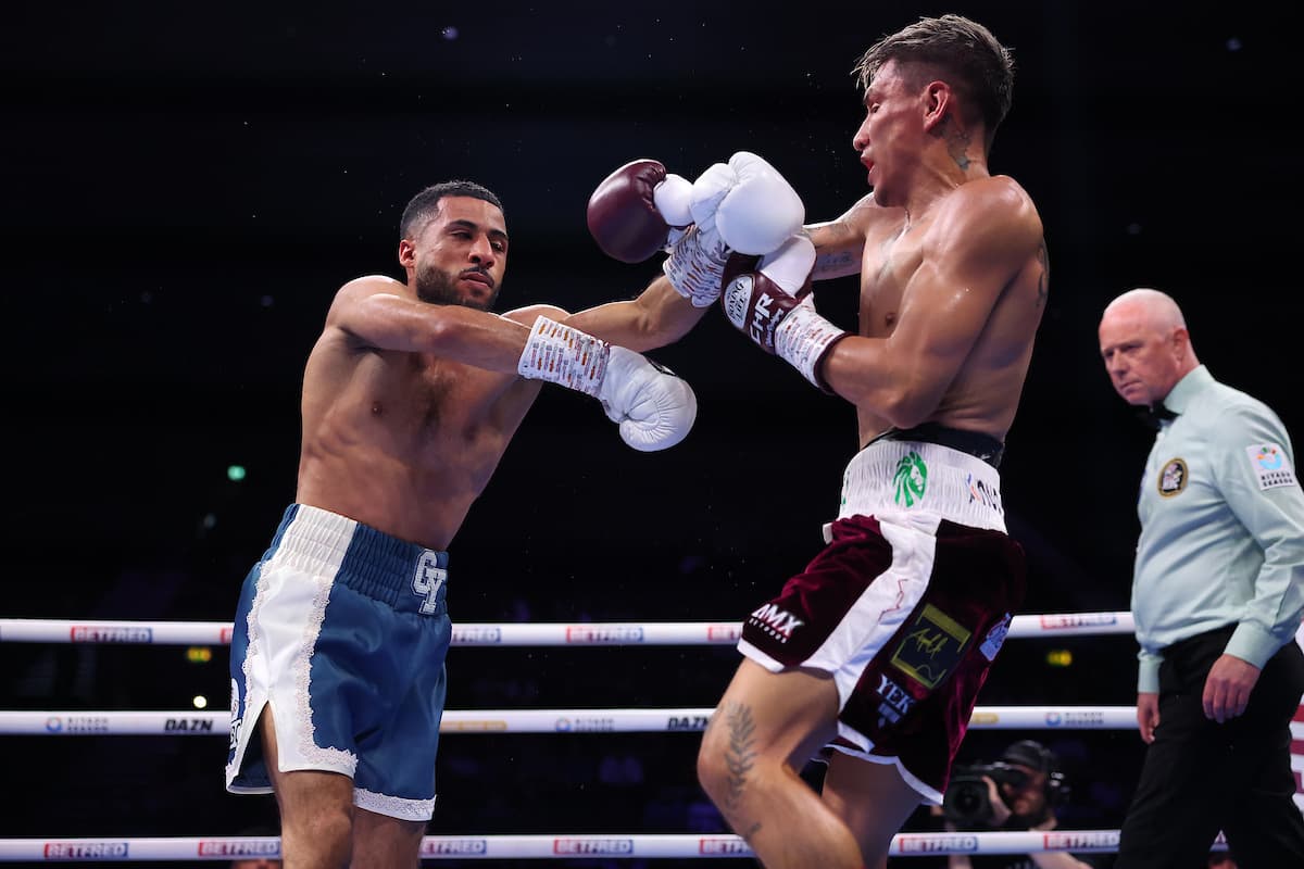 Galal Yafai and Francisco Rodriguez Jr during their boxing bout in Birmingham, England