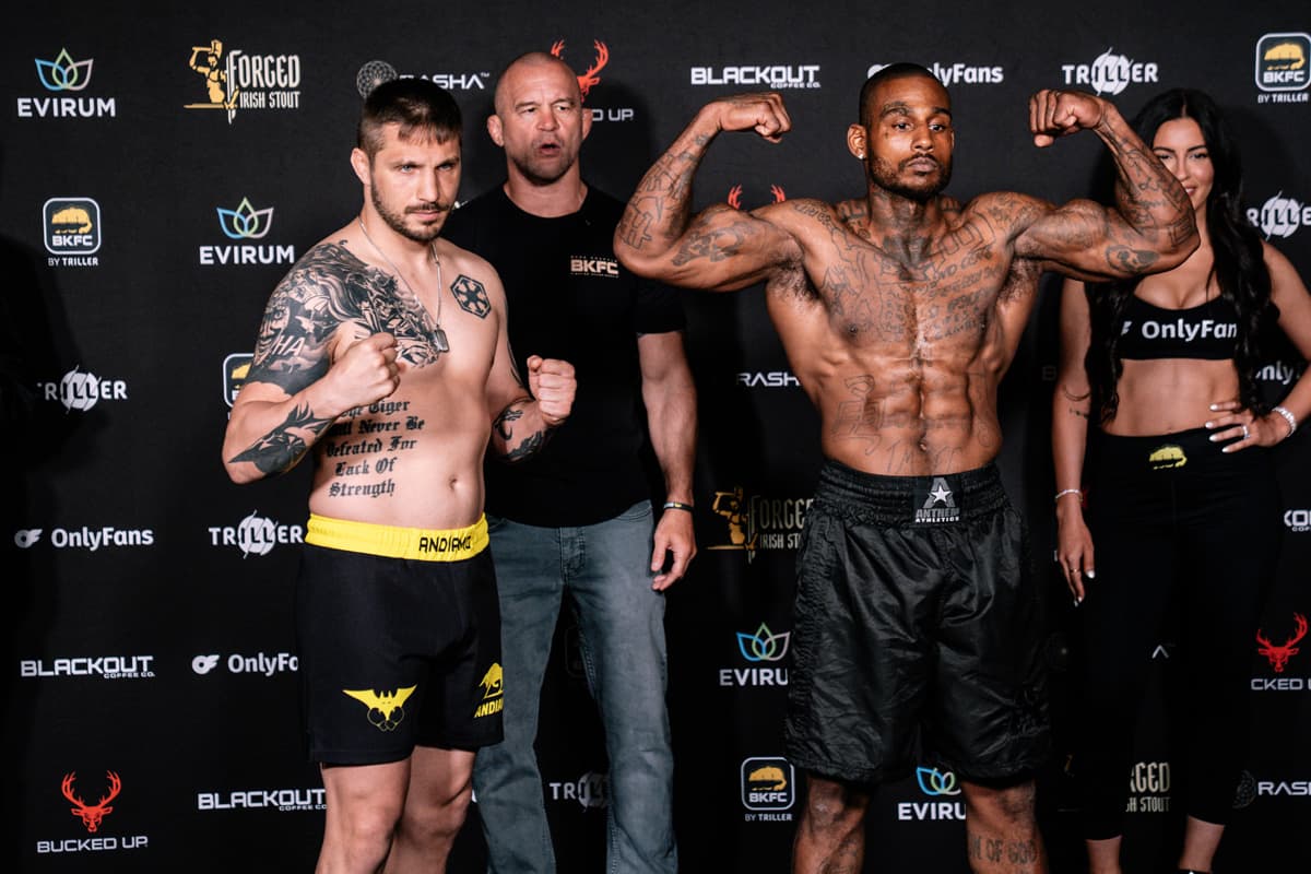 Gary Balletto III and Rodney Thomas during the weigh-in ahead of their bare-knuckle boxing bout at BKFC Mohegan Sun
