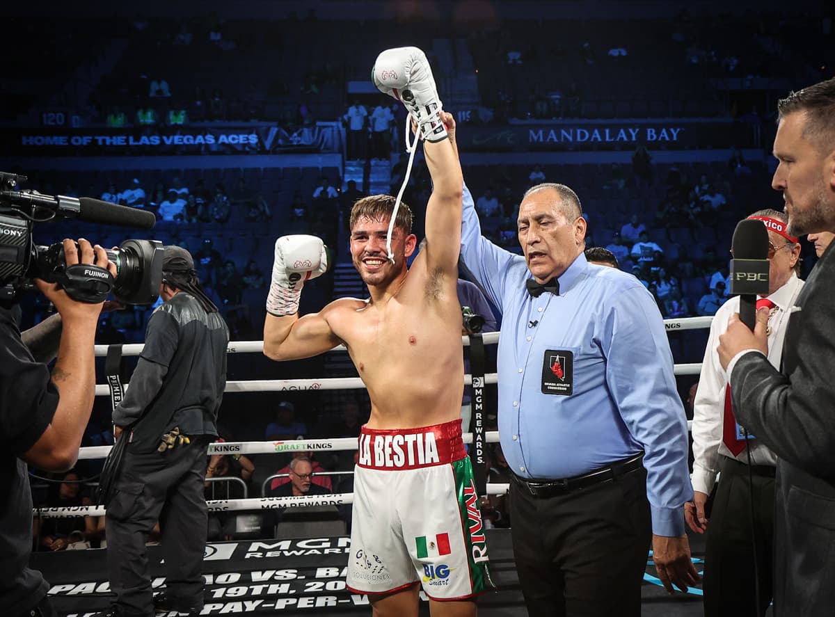 Isaac Lucero victorious over Luis Omar Valenzuela during their boxing bout in Las Vegas