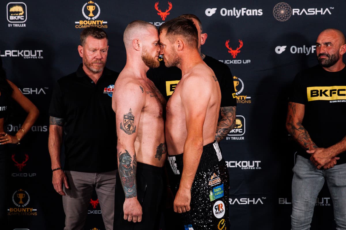 Jack Dugdale and Frankie Gavin during the weigh-in ahead of their bout BKFC 77 Birmingham