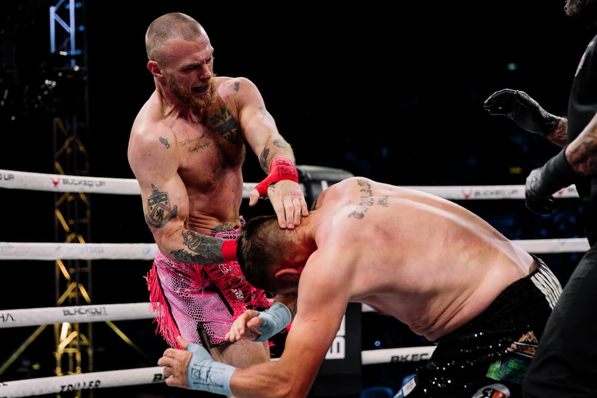 Jack Dugdale and Frankie Gavin during their bout at BKFC 77 Birmingham