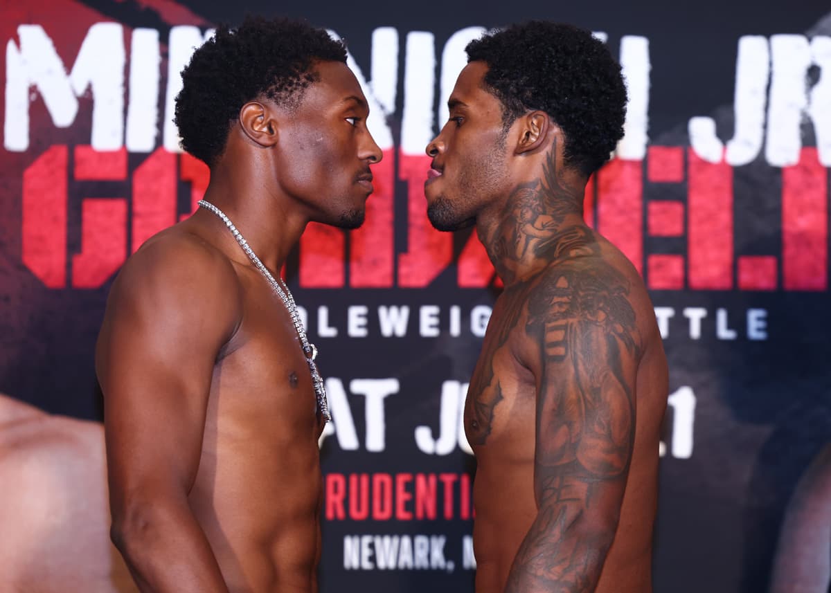 Jahi Tucker and Lorenzo Simpson come face-to-face during the weigh-in ahead of their bout in Newark, New Jersey
