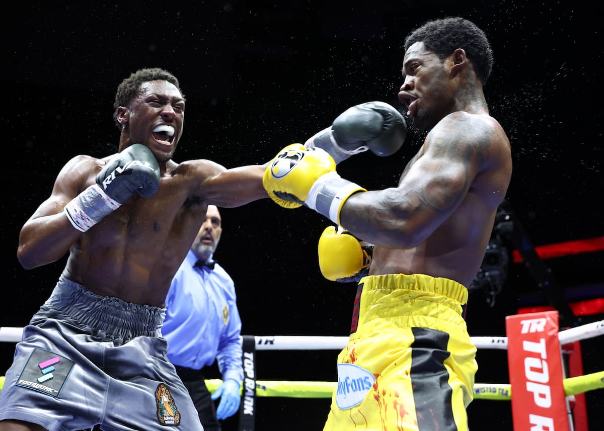 Jahi Tucker throws a jab during his bout against Lorenzo Simpson in Newark, New Jersey