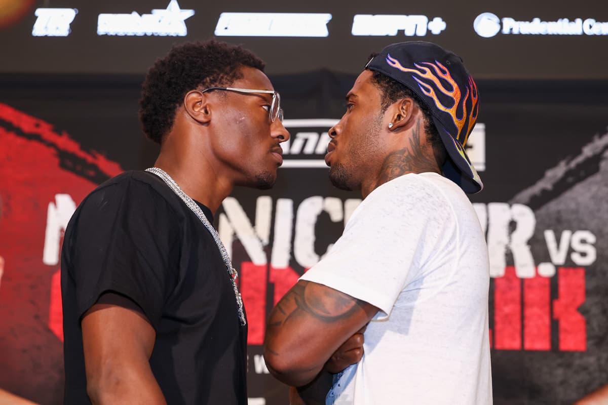 Jahi Tucker and Lorenzo Simpson face each other during the press conference ahead of their bout in Newark, New Jersey