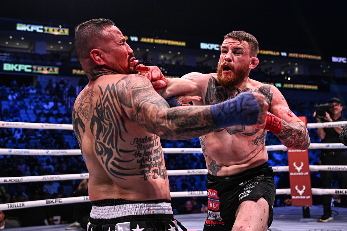 Jake Heffernan punches Jeremiah Castillo during their bare-knuckle boxing bout at BKFC 76 Texas