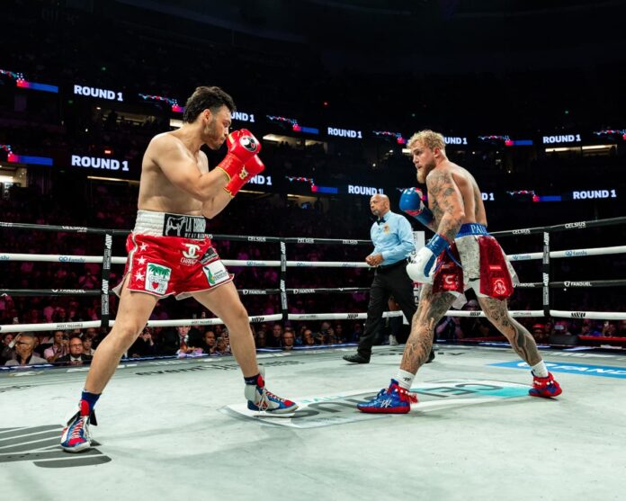 Jake Paul and Julio Cesar Chavez Jr during their bout in Anaheim, CA