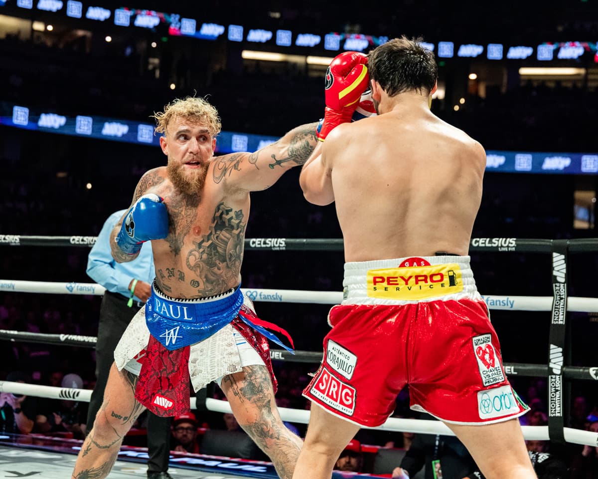Jake Paul throws a jab during his bout against Julio Cesar Chavez Jr in Anaheim, CA