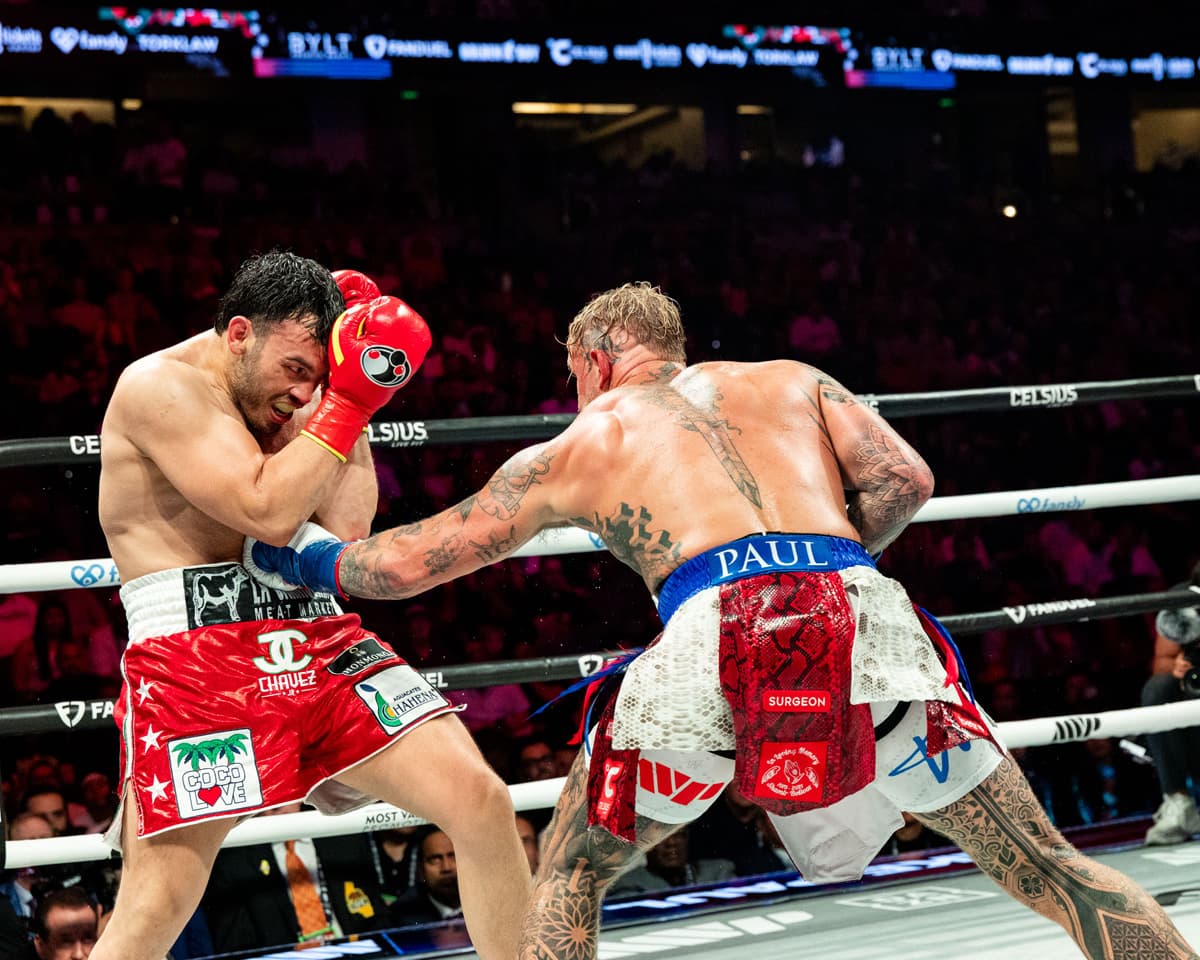 Jake Paul throws a jab to the body during his bout against Julio Cesar Chavez Jr in Anaheim, CA