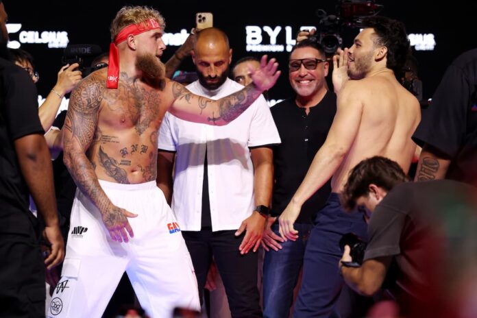 Jake Paul and Julio Cesar Chavez Jr come face-to-face at the weigh-in, ahead of their boxing bout in Anaheim, CA