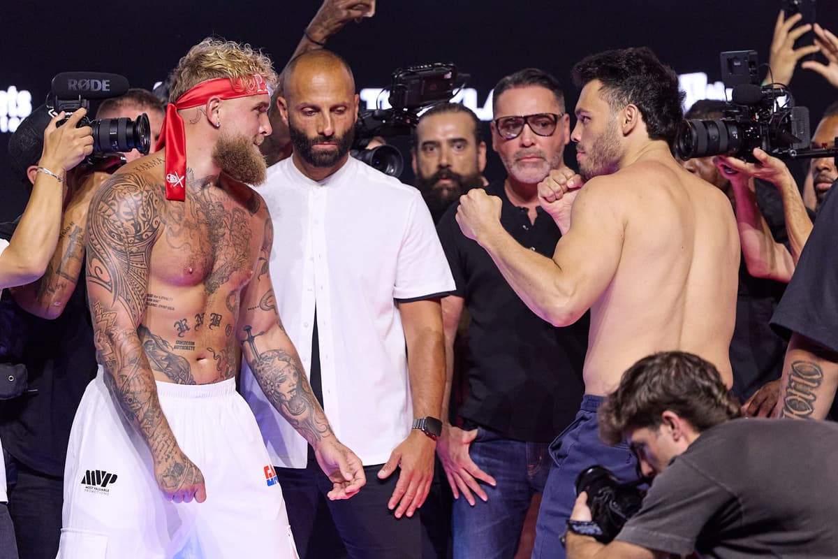 Jake Paul and Julio Cesar Chavez Jr during the weigh-in ahead of their bout in Anaheim, CA