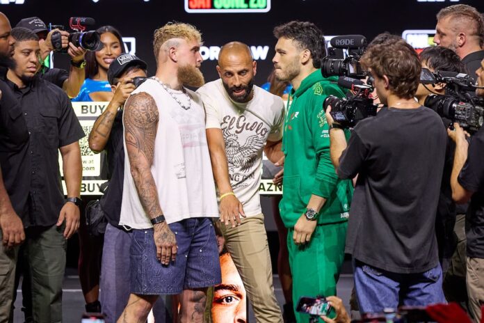 Jake Paul and Julio Cesar Chavez Jr. at the press conference ahead of their boxing bout in Anaheim, CA