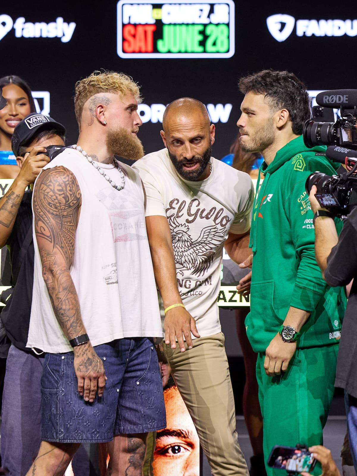 Jake Paul and Julio Cesar Chavez Jr. at the press conference ahead of their boxing bout in Anaheim, CA