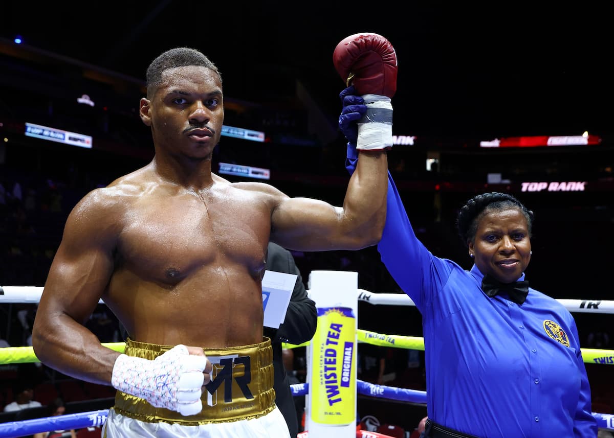 Jamar Talley victorious over Kurt Fleming during their bout in Newark, New Jersey