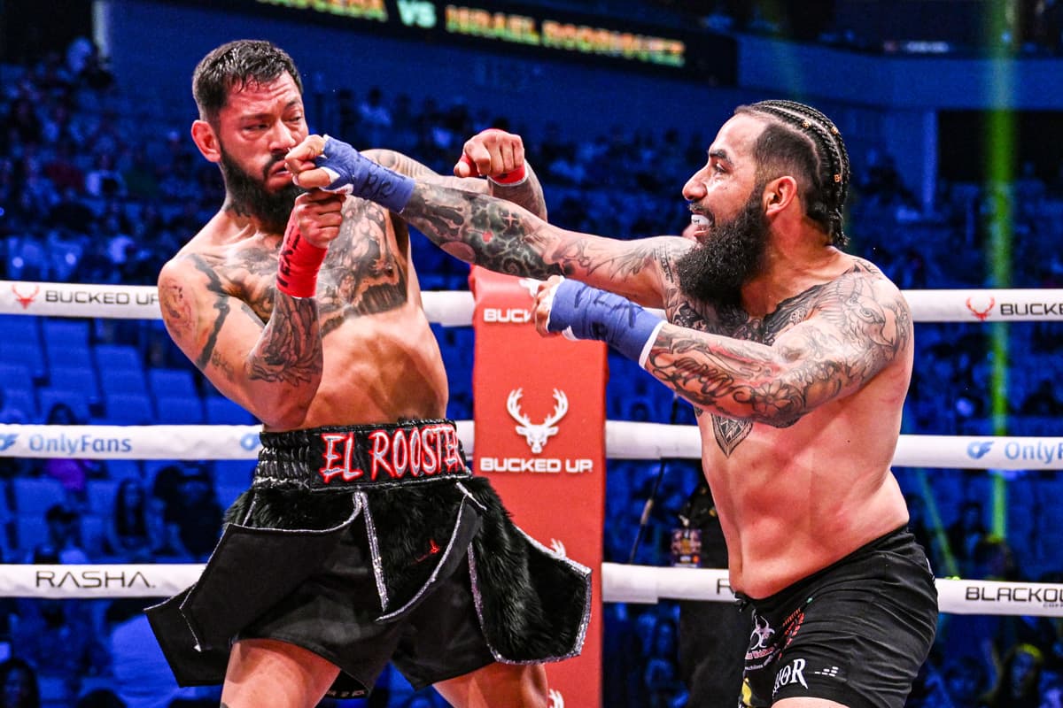 Jeremy Sauceda and Israel Rodriguez during their bare-knuckle boxing bout at BKFC 76 Texas