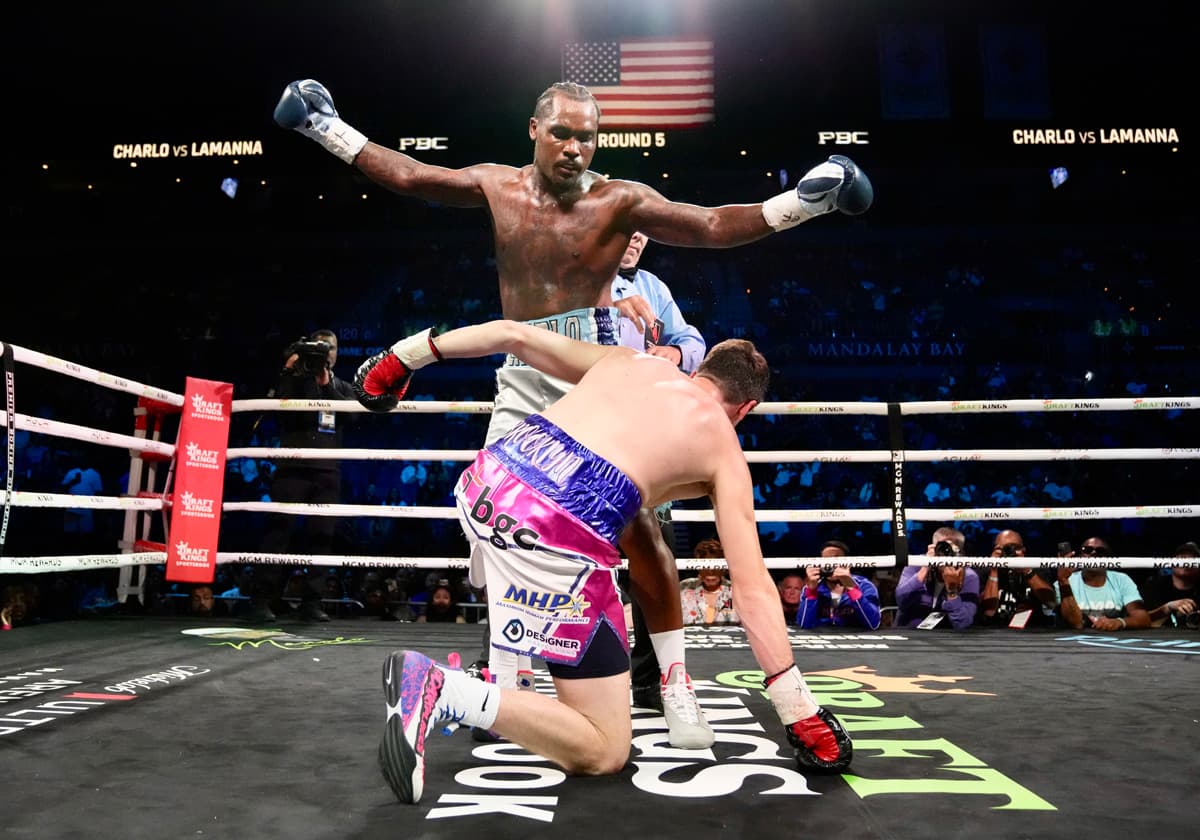 Jermall Charlo knocks down Thomas LaManna during their boxing bout in Las Vegas