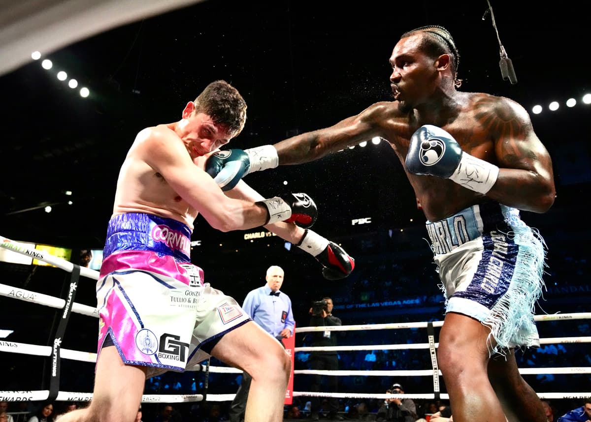 Jermall Charlo punches Thomas LaManna during their boxing bout in Las Vegas