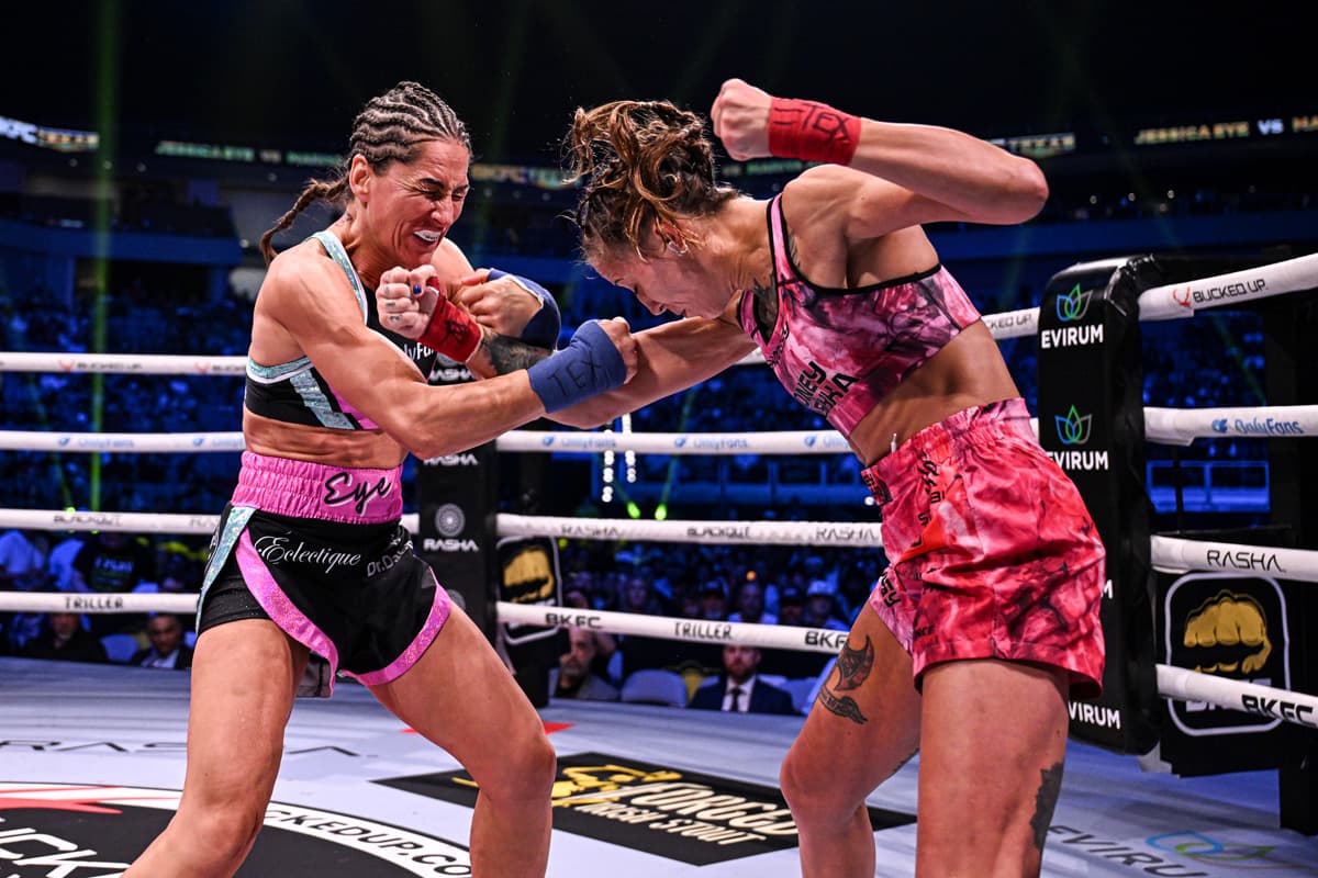 Jessica Eye and Mariya Agapova during their bare-knuckle boxing bout at BKFC 76 Texas