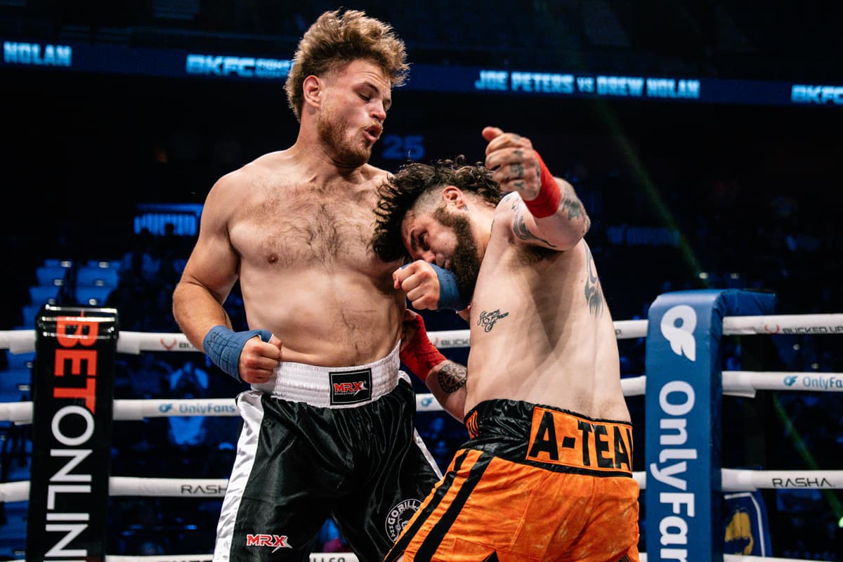 Joseph Peters punches Drew Nolan during their bare-knuckle boxing bout at BKFC Mohegan Sun