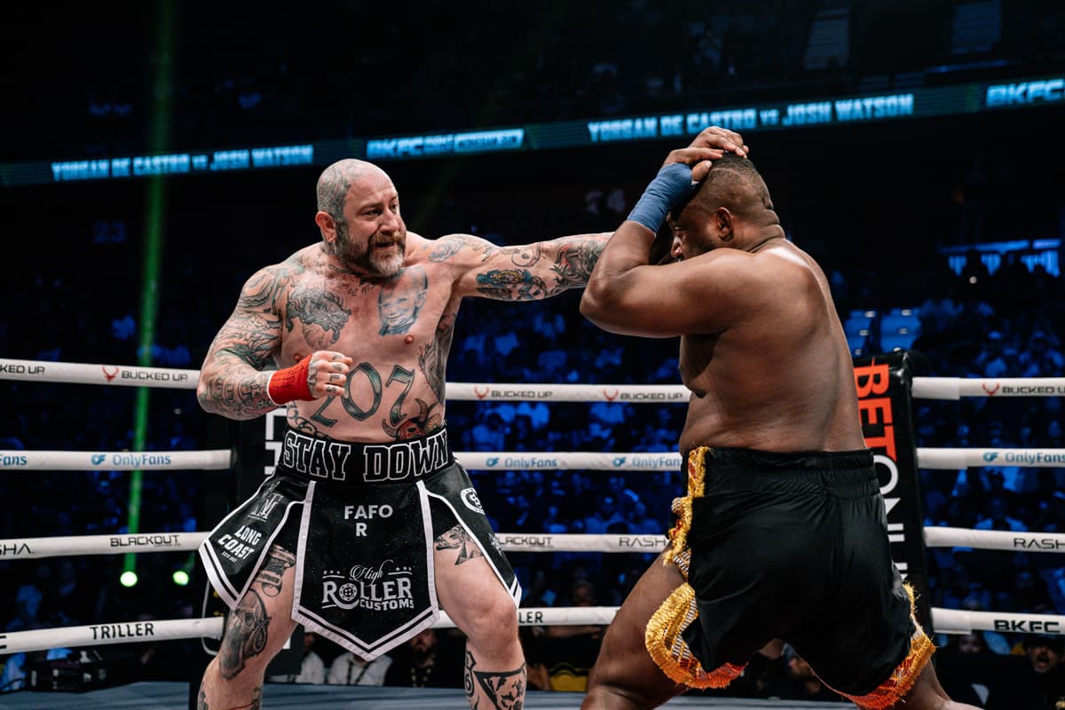 Josh Watson punches Yorgan De Castro during their bare-knuckle boxing bout at BKFC Mohegan Sun
