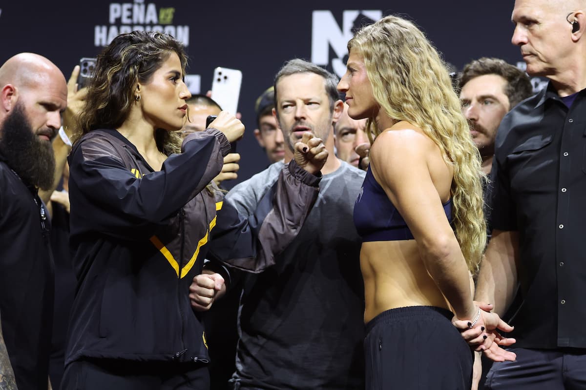 Julianna Pena and Kayla Harrison face off at the UFC 316 ceremonial weigh-in, ahead of their MMA bout in Newark, New Jersey