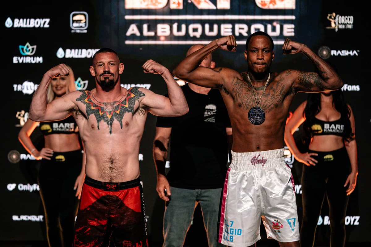 Kasey Yates and Bobby Henry at the weigh-in ahead of their bout at BKFC 75 Albuquerque