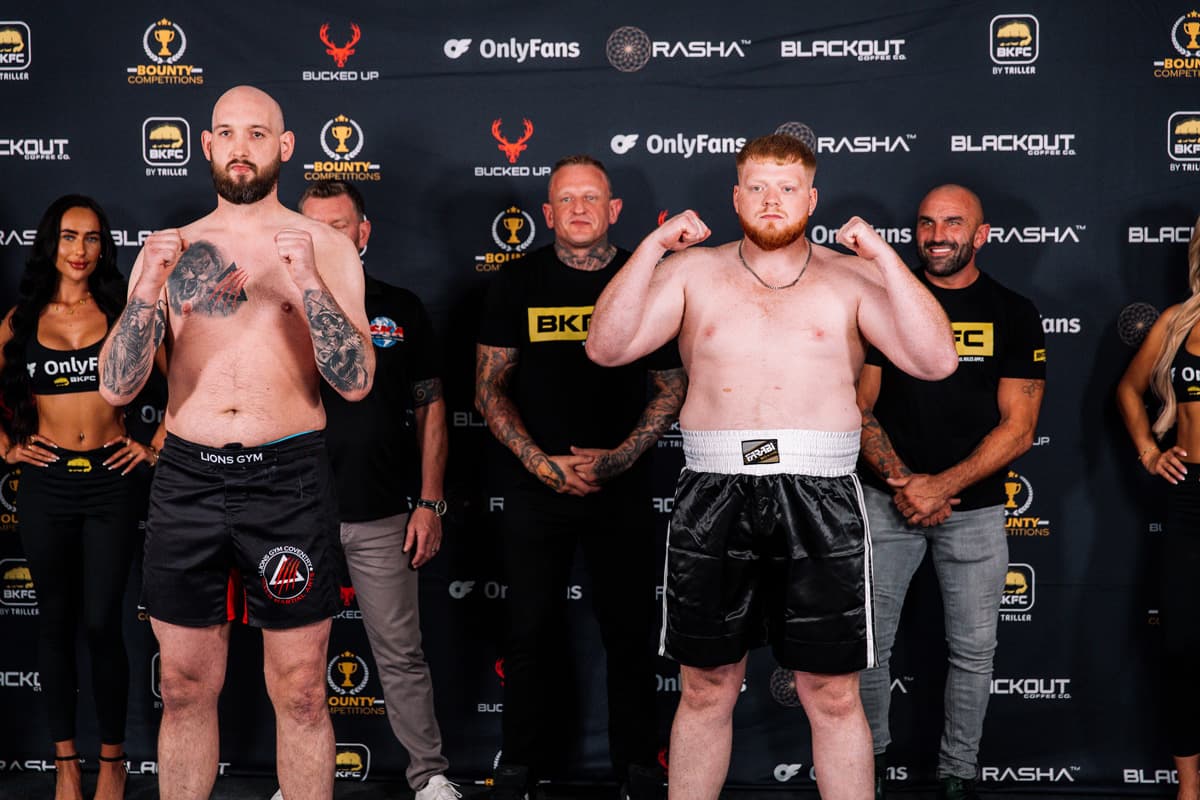 Krzysztof Wisniewski and Thai Tetley during the weigh-in ahead of their bout BKFC 77 Birmingham