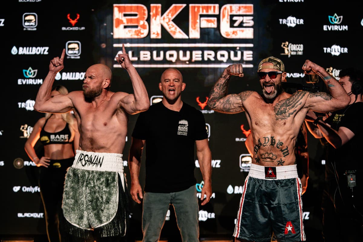 Kyle McElroy and William Albrecht at the weigh-in ahead of their bout at BKFC 75 Albuquerque