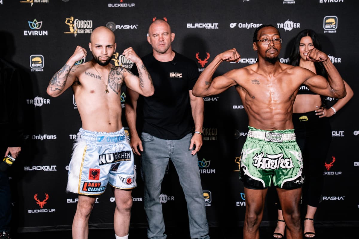Lardy Navarro and Anthony Foye during the weigh-in ahead of their bare-knuckle boxing bout at BKFC Mohegan Sun