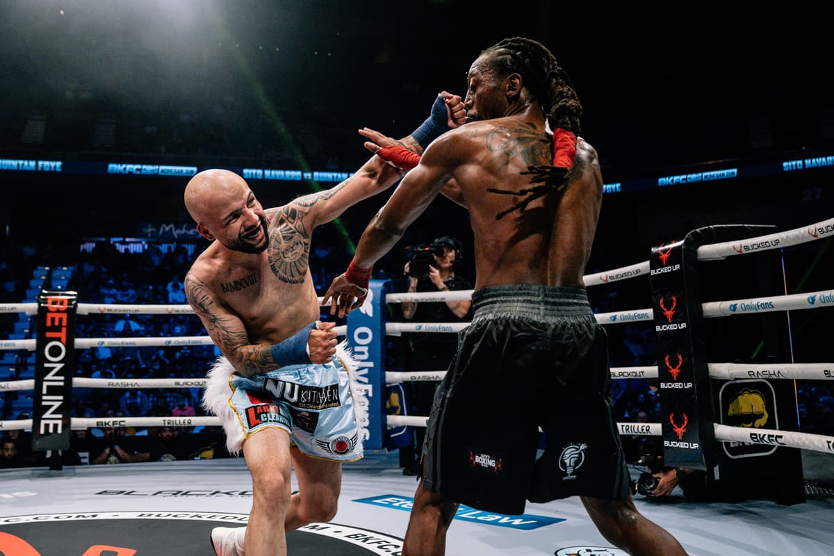 Lardy Navarro punches Anthony Foye during their bare-knuckle boxing bout at BKFC Mohegan Sun