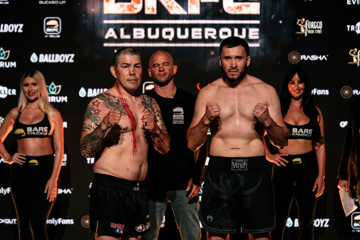 Leo Bercier and Murat Kilimetov at the weigh-in ahead of their bout at BKFC 75 Albuquerque