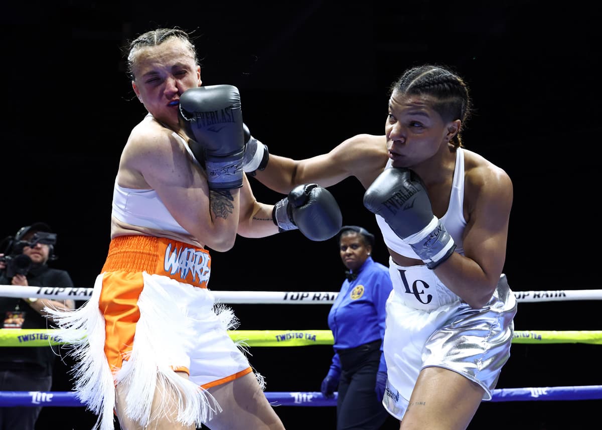 Lisandra Contreras punches Montana Weems during their boxing bout in Newark, New Jersey