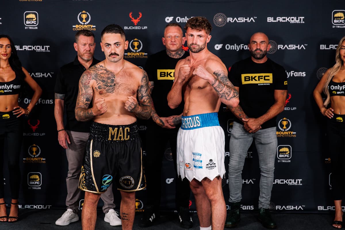 Macaulay Bygraves and George Thorpe during the weigh-in ahead of their bout BKFC 77 Birmingham