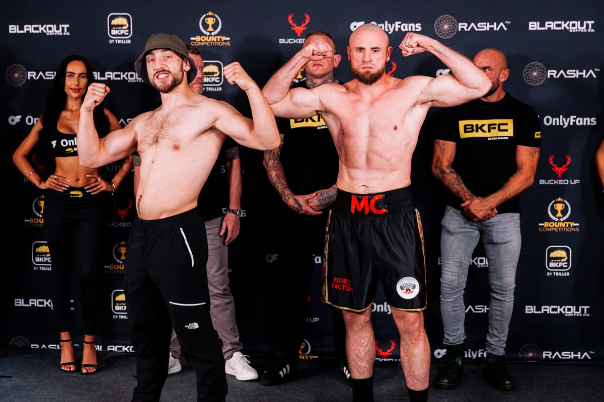 Matthew Wiwczaryk and Marley Churcher during the weigh-in ahead of their bout BKFC 77 Birmingham