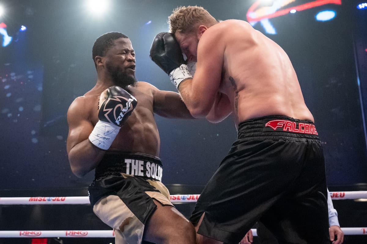 Moreno Fendero and Kristaps Bulmeistars during their boxing bout in Montreal