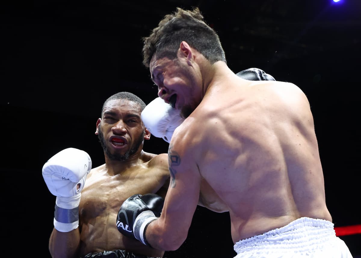 Muadh Abdus-Salaam punches Roberto Cantos during their boxing bout in Newark, New Jersey