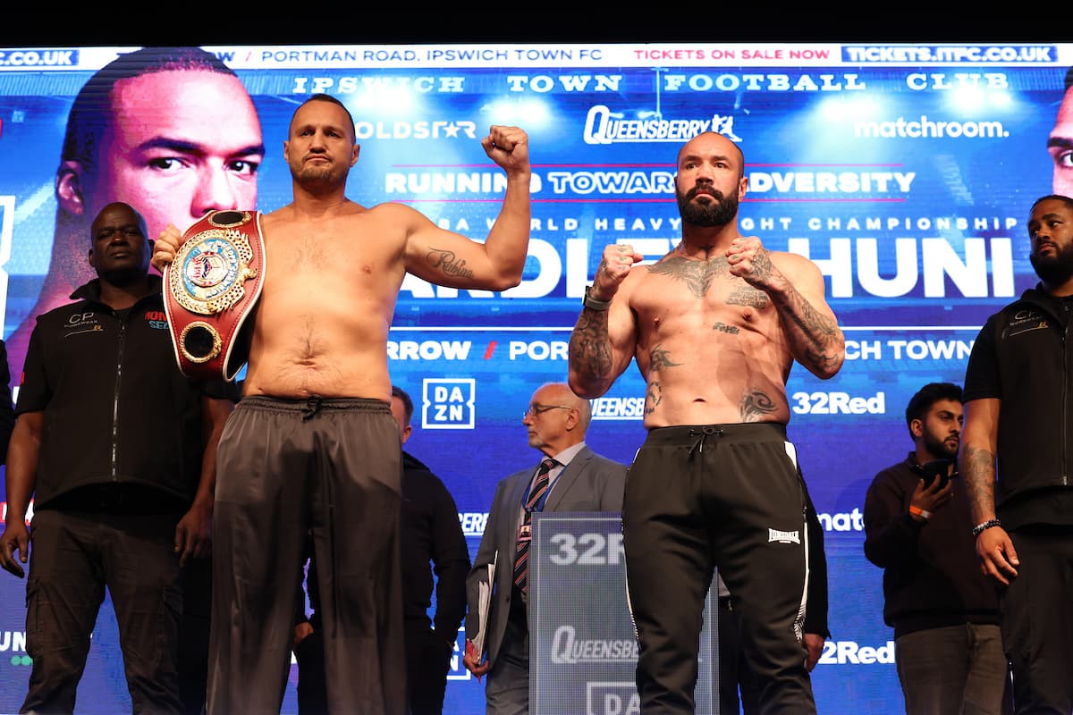 Nelson Hysa and Patrick Korte at the weigh-in ahead of their bout in Ipswich, England