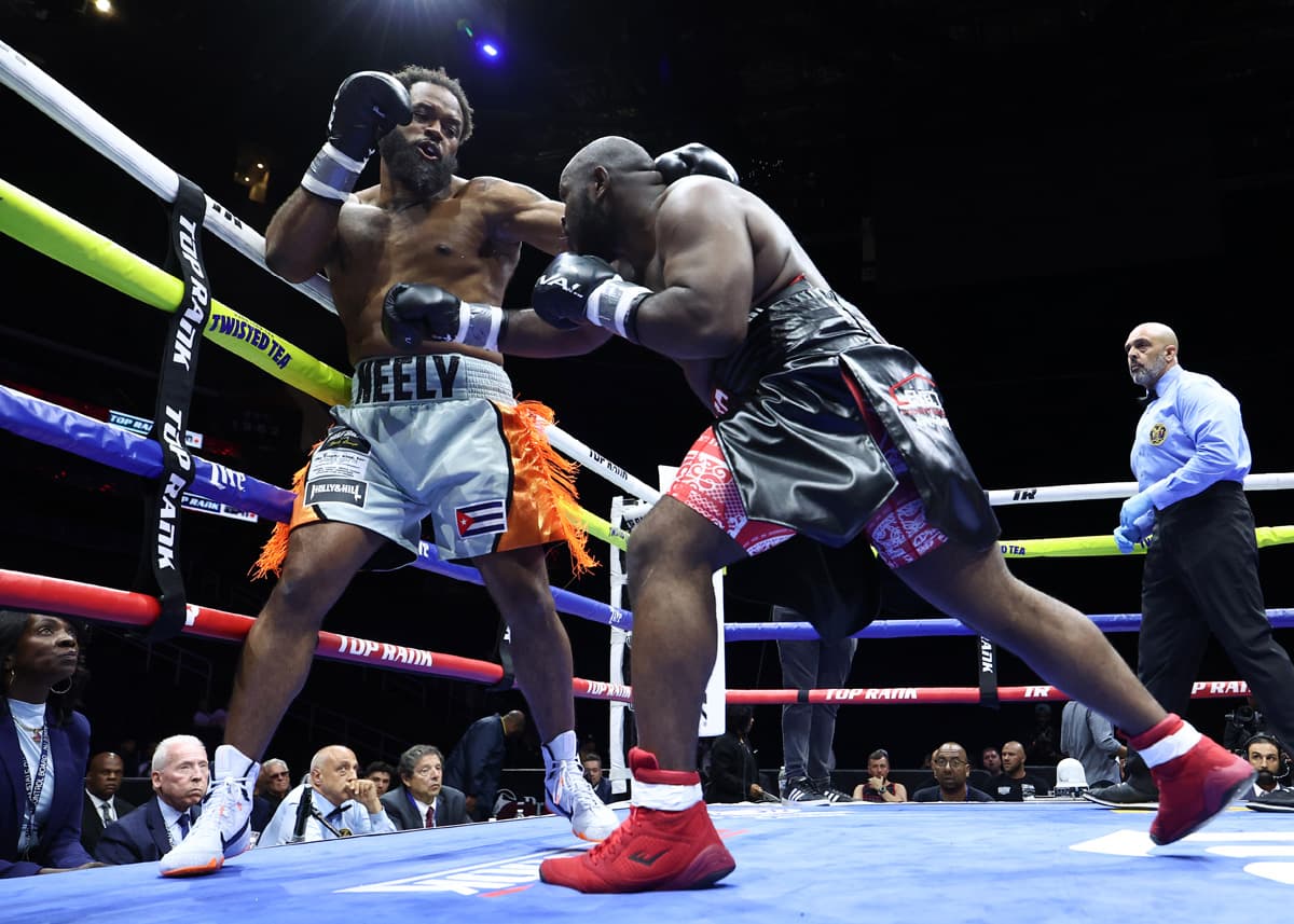 Norman Neely and James Willis during their boxing bout in Newark, New Jersey