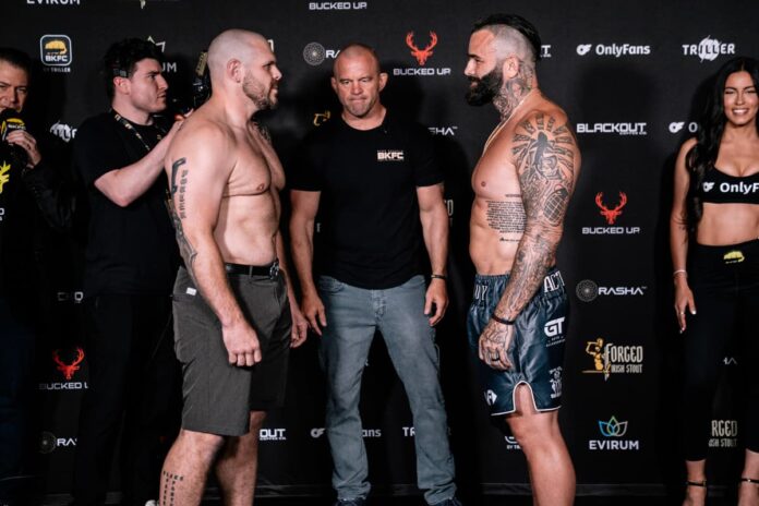 Parker Porter and Dillon Cleckler face off at the weigh-in, ahead of their bare-knuckle boxing bout at BKFC Mohegan Sun