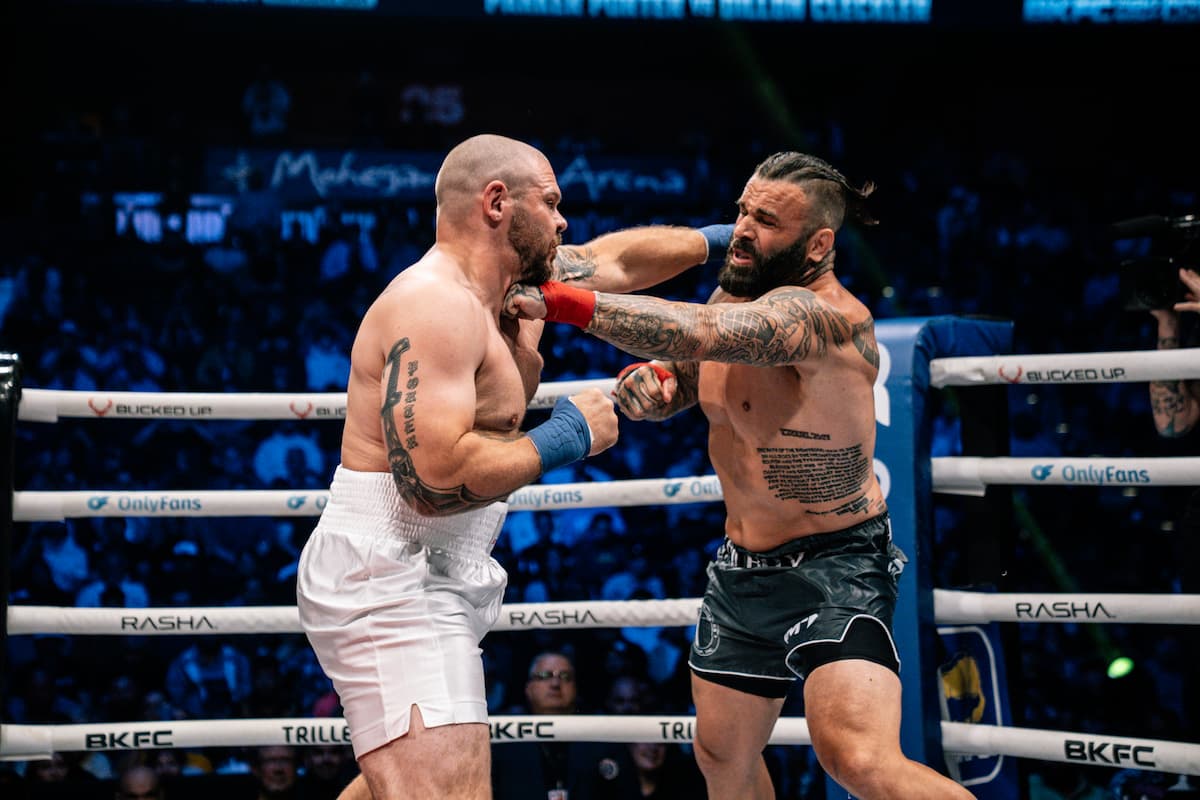 Parker Porter and Dillon Cleckler during their bare-knuckle boxing bout at BKFC Mohegan Sun