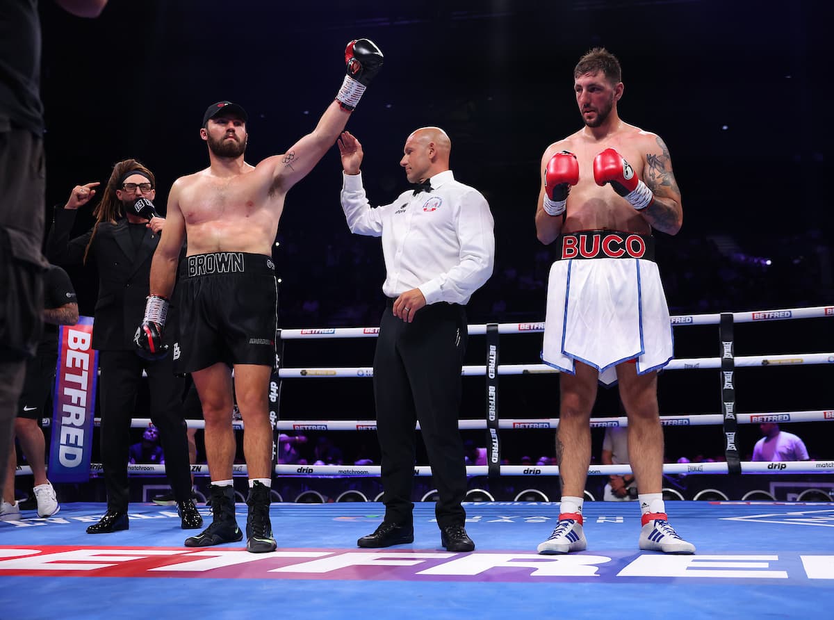 Pat Brown victorious over Ivan Duka during their boxing bout in Birmingham, England